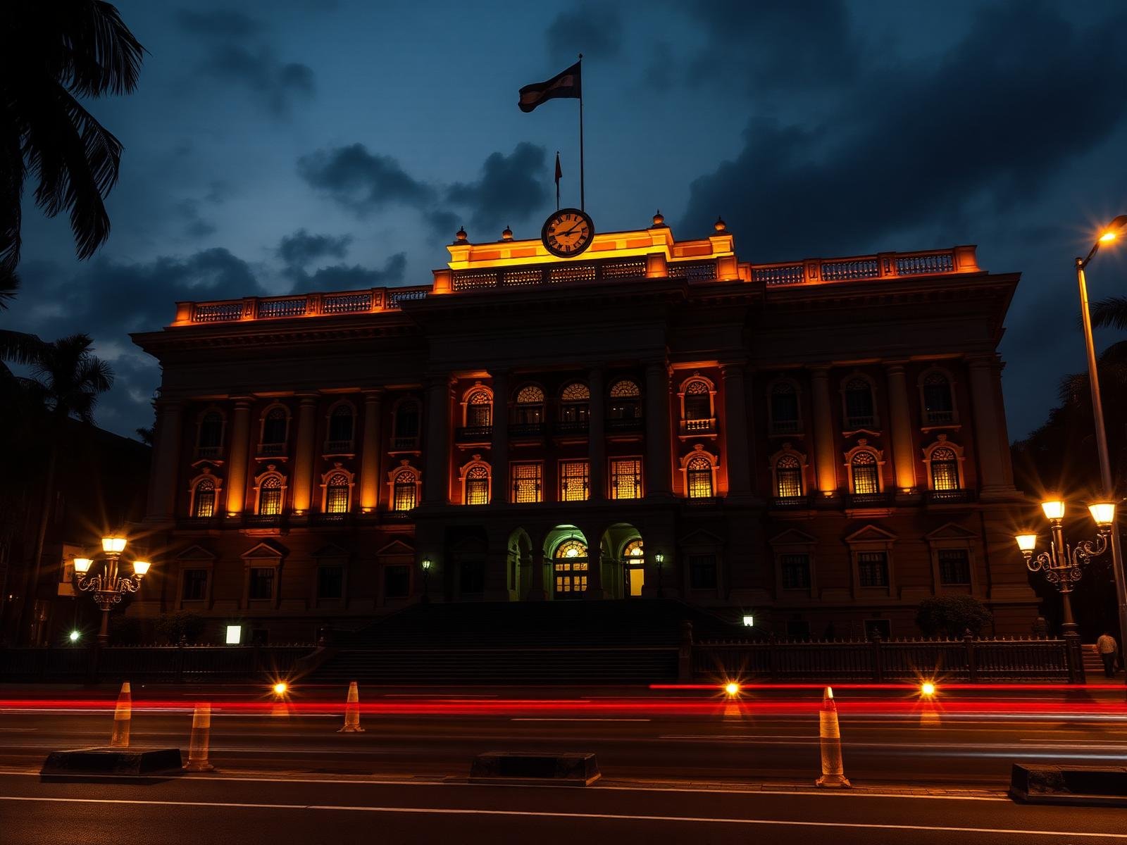 Historic Chennai court building at dusk