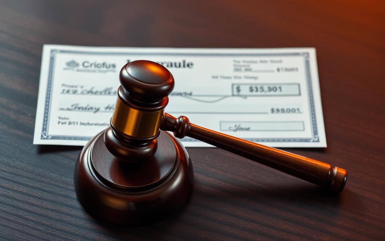 Cheque and gavel on a dark wooden desk