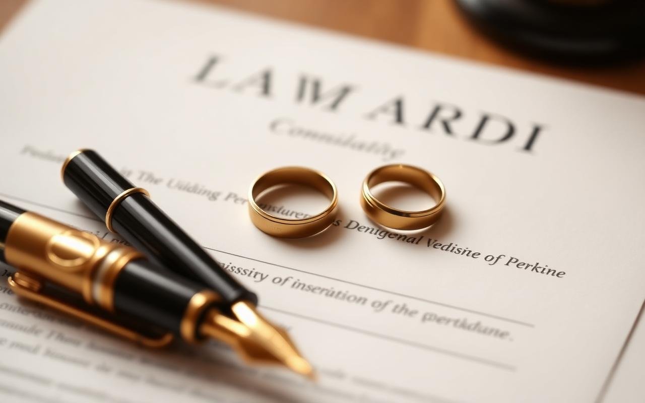 Two wedding rings on a legal document with a fountain pen
