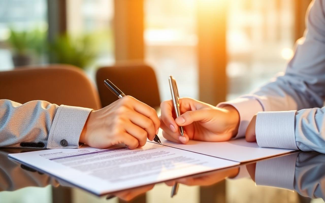 Two startup founders signing a business agreement at a desk