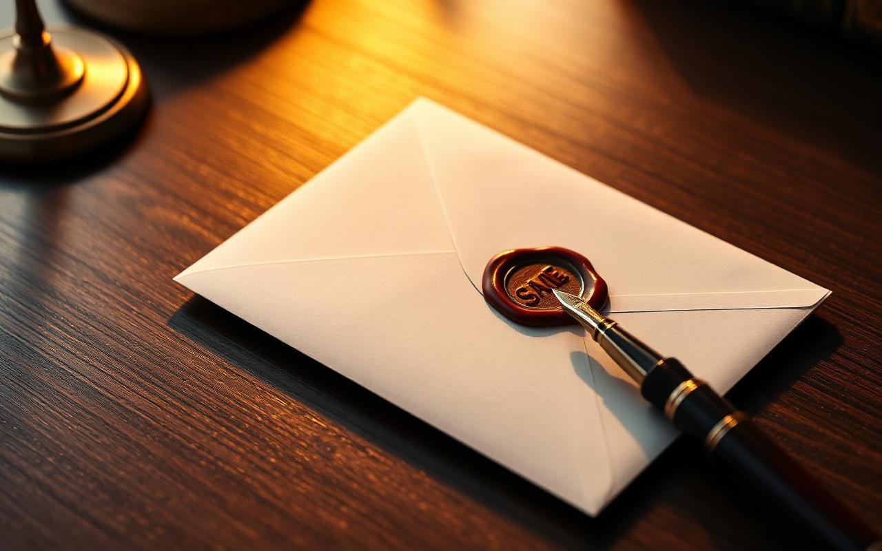 Sealed legal notice envelope with wax seal and a fountain pen